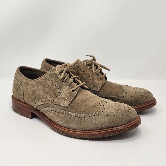 Trask Men Tan Taupe Suede Wingtip Oxford Dress Shoes Size 8.5 Lace Up Workwear - Picture 1 of 9